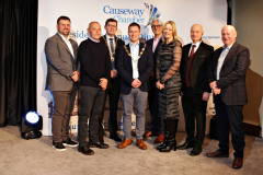 Top table guests of James Kilgore, President Causeway Chamber are l-r Mark Hutchinson, Managing Director Hutchinson, Havier Beltran, Honda Team Manager, Greg McCann, President Londonderry Chamber, James Kilgore, President Causeway Chamber, Mark Nodder, Makers Alliance, Karen Yates, CEO Causeway Chamber, Paul Bartholomew, Vice Chancellor Ulster University and Mervyn Whyte MBE, NW200 at the Lodge Hotel for the Presidents Dinner held in partnership with Briggs Equipment NW200 and sponsored by Hutchinson.  
    18 Presidents Dinner 2024