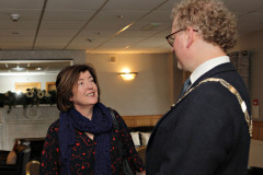 Sue Gray, Permanent Sec for the Dept of Finance, welcomed to the Causeway Chamber's President's Business Lunch at the Royal Court Hotel by Chamber President Murray Bell.   02 Presidents Lunch