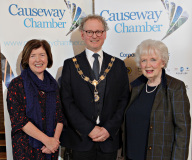 Sue Gray, Permanent Sec for the Dept of Finance and  Mrs Joan Christie, Lord Lieutenant for Co Antrim welcomed to the Causeway Chamber's President's Business Lunch by Chamber President Murray Bell.   19 Presidents Lunch