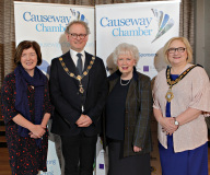 Sue Gray, Permanent Sec for the Dept of Finance with Mrs Joan Christie, Lord Lieutenant for Co Antrim and Mayor Cllr Brenda Chivers welcomed to the Causeway Chamber's President's Business Lunch by Chamber President Murray Bell. 20 Presidents Lunch