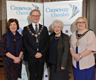 Sue Gray, Permanent Sec for the Dept of Finance with  Mrs Joan Christie, Lord Lieutenant for Co Antrim and Mayor Cllr Brenda Chivers welcomed to the Causeway Chamber's President's Business Lunch by Chamber President Murray Bell.    20 Presidents Lunch