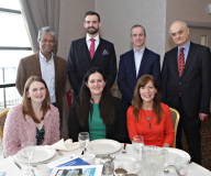 At the Bell Architects table for the Causeway Chamber's President's Business Lunch at the Royal Court Hotel, seated, Caoimhe Archibald MLA, Claire Sugden MLA, Sara Cunningham-Bell, standing, Prof Kader Parahoo Ulster University, Dave Laverty Marcus Cohan Gentlemen's Clothing, Patrick McKeown of NW Regional College and Prof Jan Jedrzejewski Ulster University.   61 Presidents Lunch