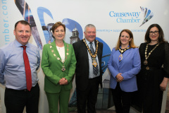 Along with Causeway Chamber of Commerce President Anne-Maire McGoldrick are, from other Chambers, Tony McKeown CEO of Newry Chamber, Mayor Ivor Wallace, Gillian McAuley President of the N.I. Chamber and from Derry Chamber Selina Horshi attending the Causeway Chamber of Commerce Presidents Lunch held at the Lodge Hotel.      23 Presidents Lunch