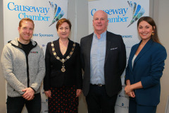 Guest speakers with Causeway Chamber of Commerce President Anne Marie McGoldrick are Dr Jonny Bloomfield Health and Performance Coach and Paddy McLaughlin RNLI Coxswain at Cushendall with host Sarah Travers.