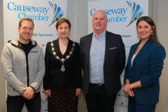 Guest speakers with Causeway Chamber of Commerce President Anne Marie McGoldrick are Dr Jonny Bloomfield Health and Performance Coach and Paddy McLaughlin RNLI Coxswain at Cushendall with host Sarah Travers.
