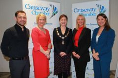 The panel speakers at the Causeway Chamber of Commerce's  conference on Skills, Scaling and Social Values held at the Marine Hotel In Ballycastle are Lexy Halliday of Halliday's of Bushmills, Claire Hunter of the Marine Hotel Ballycastle, Causeway Chamber of Commerce President Anne Marie McGoldrick, Arlene McConaghie of Riada Resources with host Sarah Travers.