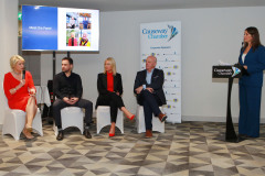 The panel Claire Hunter of the Marine Hotel Ballycastle,  Lexy Halliday of Halliday's of Bushmills, Arlene McConaghie of Riada Resources and Paddy McLaughlin RNLI Coxswain at Cushendall speaking at the Causeway Chamber of Commerce's  conference on Skills, Scaling and Social Values held at the Marine Hotel In Ballycastle.