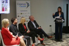 Host Sarah Travers putting questions to the panel at the Causeway Chamber of Commerce's  conference on Skills, Scaling and Social Values held at the Marine Hotel In Ballycastle.