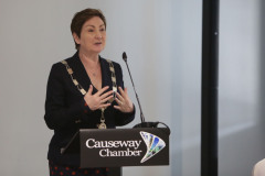 Causeway Chamber of Commerce President Anne Marie McGoldrick thanking guests for attending the Causeway Chamber of Commerce's  conference on Skills, Scaling and Social Values held at the Marine Hotel In Ballycastle.