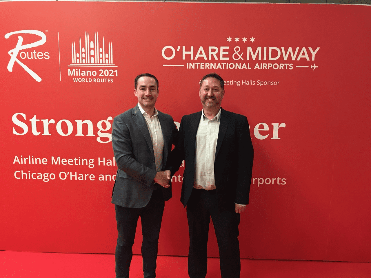 Jason McGuinness, Director of Commercial at Ryanair, with Steve Frazer, Managing Director at CoDA, at World Routes Event, Milan